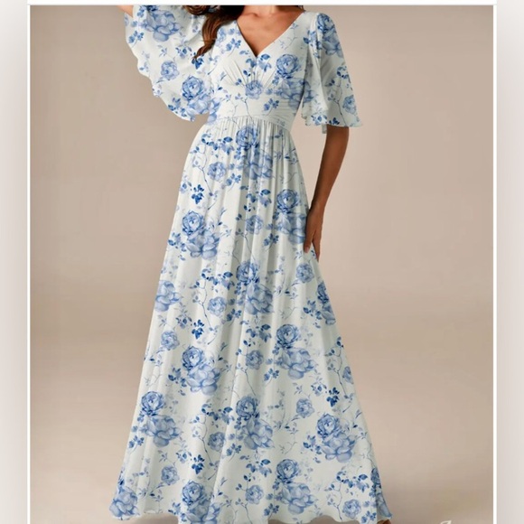 AW bridal Kenney Bridesmaid Formal Wedding Guest Dress blue floral long chiffon